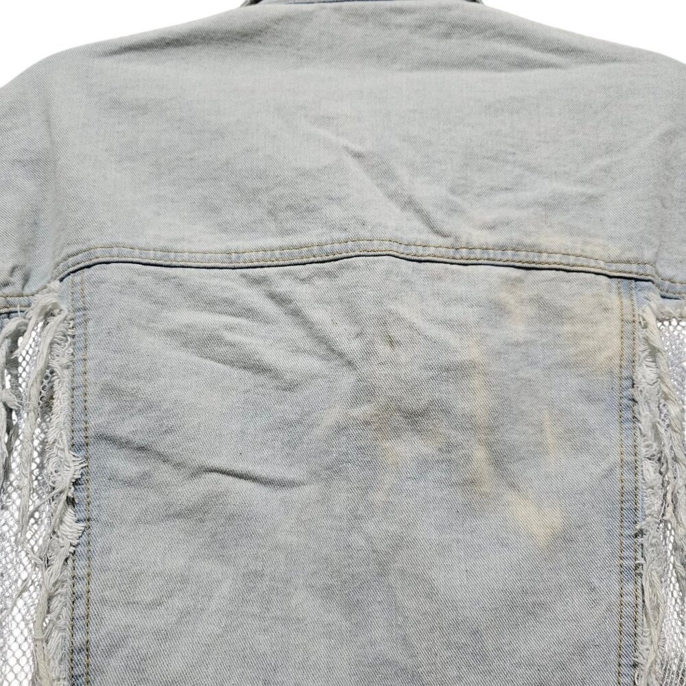 Distressed Light Wash Denim Jacket With Mesh Inserts Frayed Detailing & Button C - Picture 10 of 13